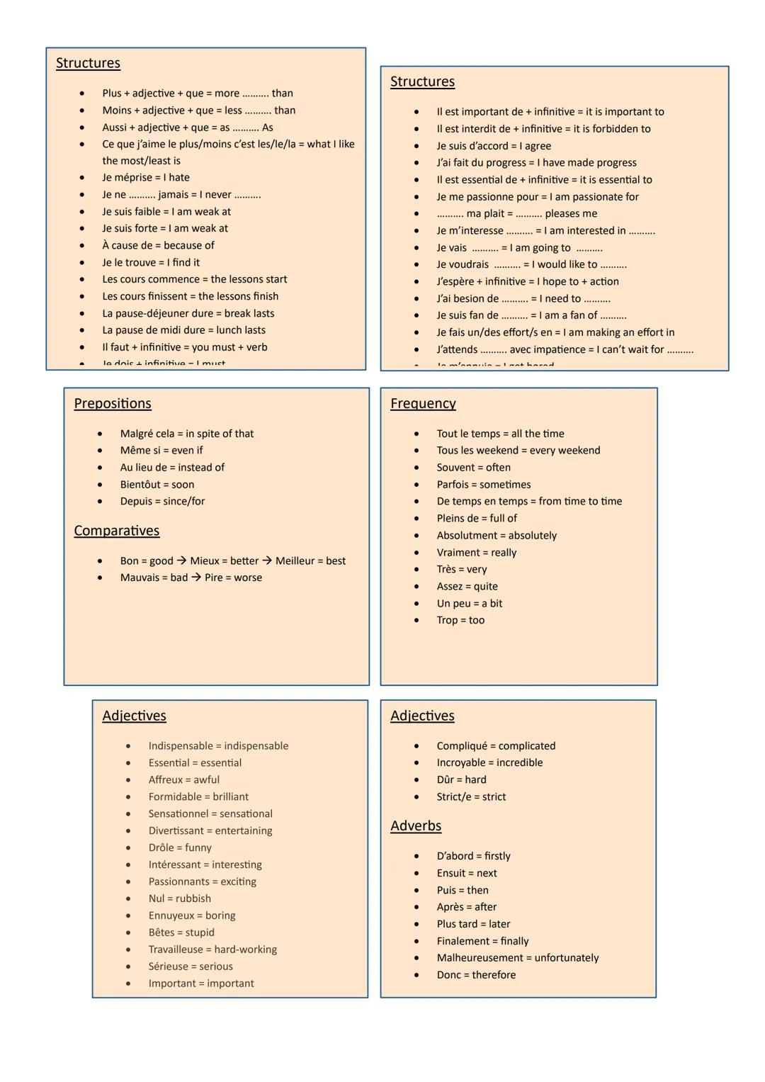 --- OCR Start ---
Structures
Plus + adjective + que = more......than
Moins + adjective + que = less......than
Aussi + adjective + que = as..