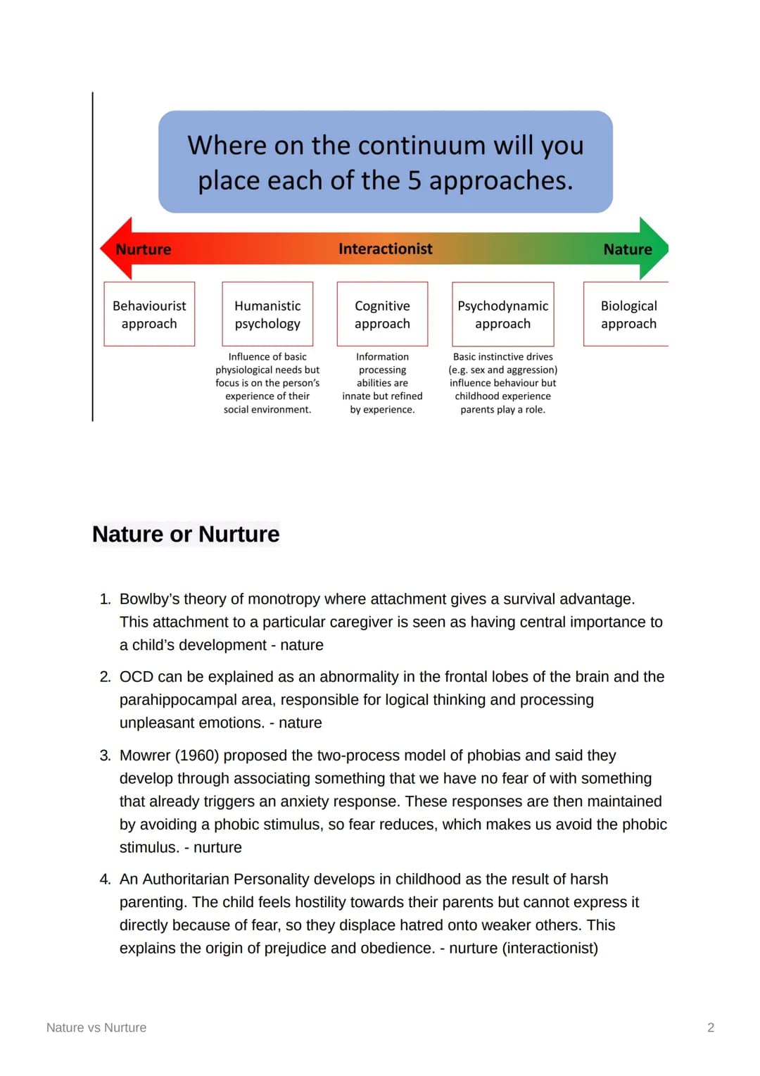 Nature vs Nurture
• nature - Our behaviour and thinking is the result of our genes, evolution and
other biological factors. All behaviour is
