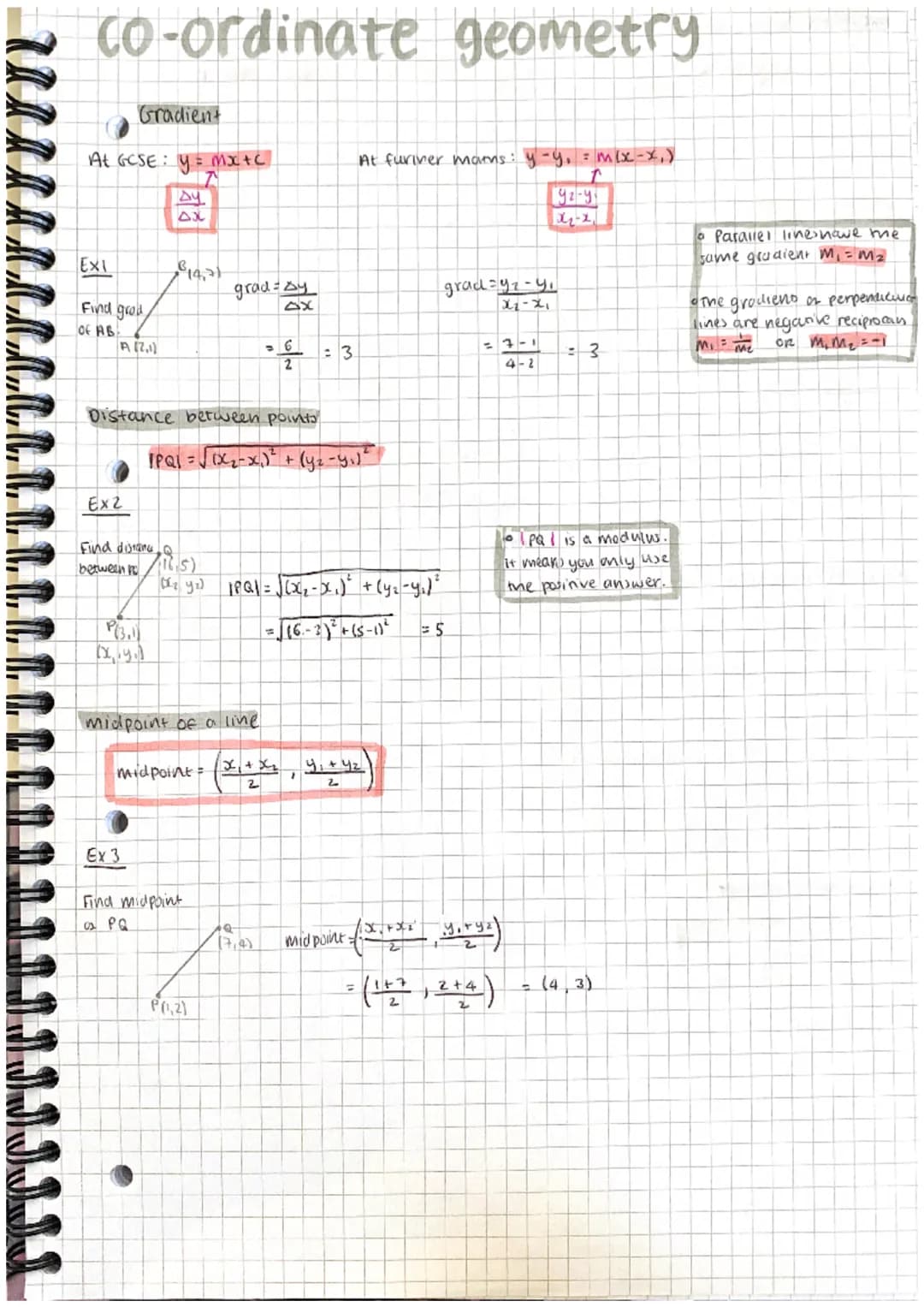 co-ordinate geometry
Gradient
At GCSE: y = mx +C
Ay
AX
EXI
Find grad
OF AB:
A (2,1)
Ex2
(814,7)
P(3.1)
(x, y)
Distance between points
Find d