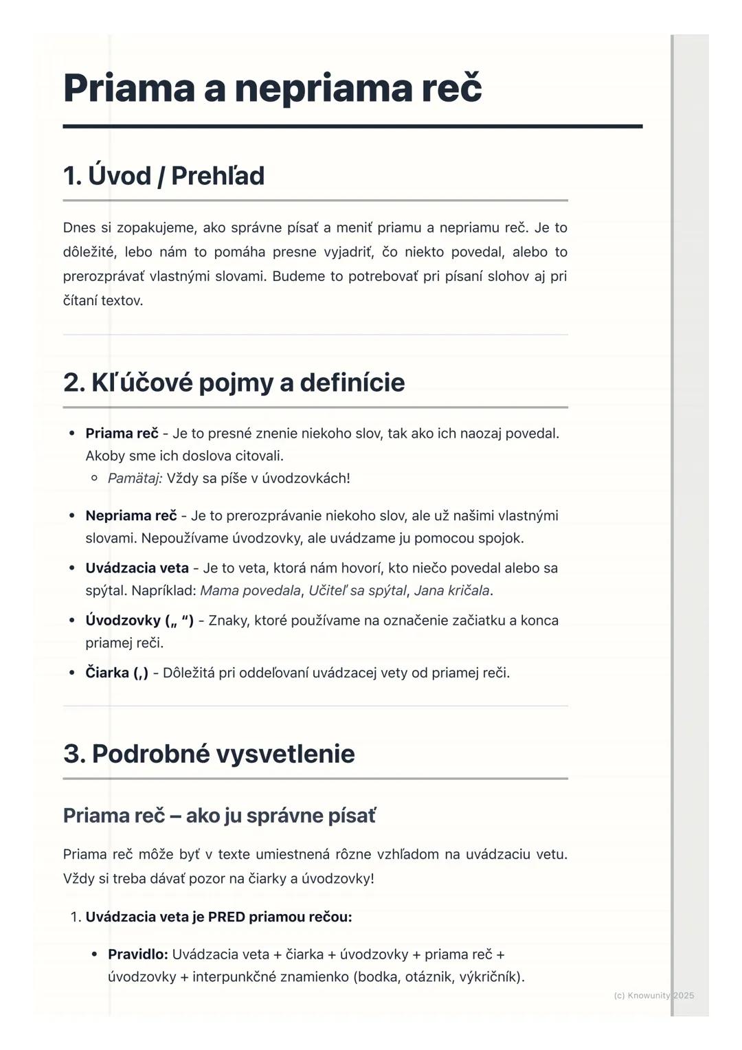 # Priama a nepriama reč

## 1. Úvod / Prehľad

Dnes si zopakujeme, ako správne písať a meniť priamu a nepriamu reč. Je to
dôležité, lebo nám