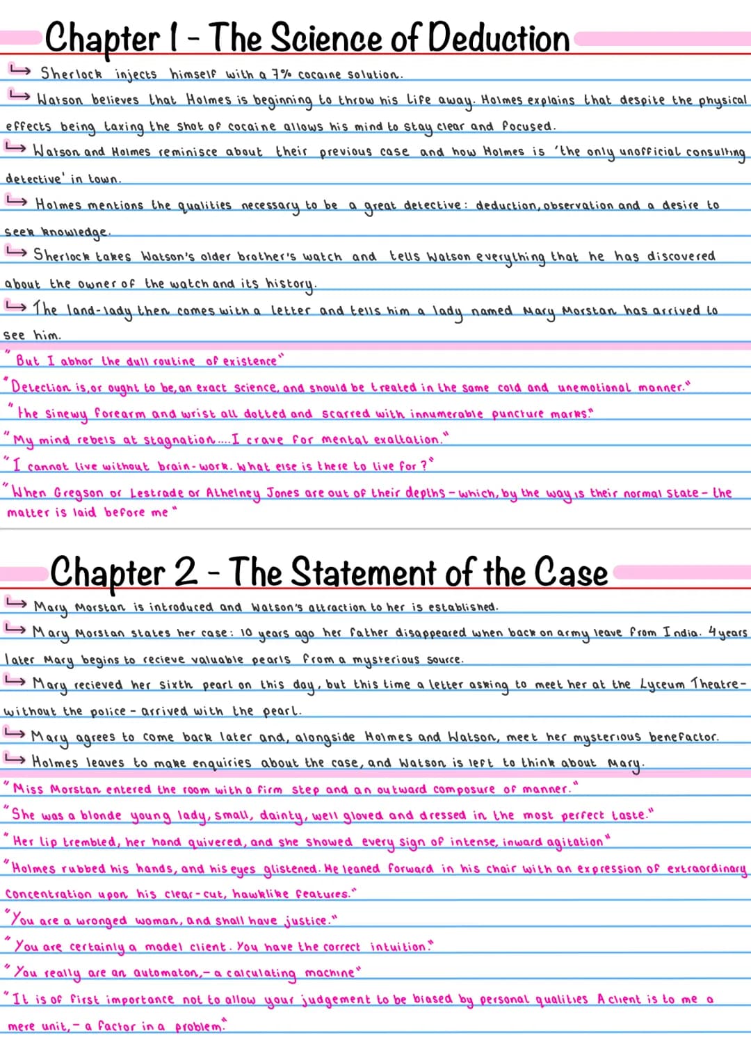 Chapter 1- The Science of Deduction
Sherlock injects himself with a 7% cocaine solution.
Watson believes that Holmes is beginning to throw h