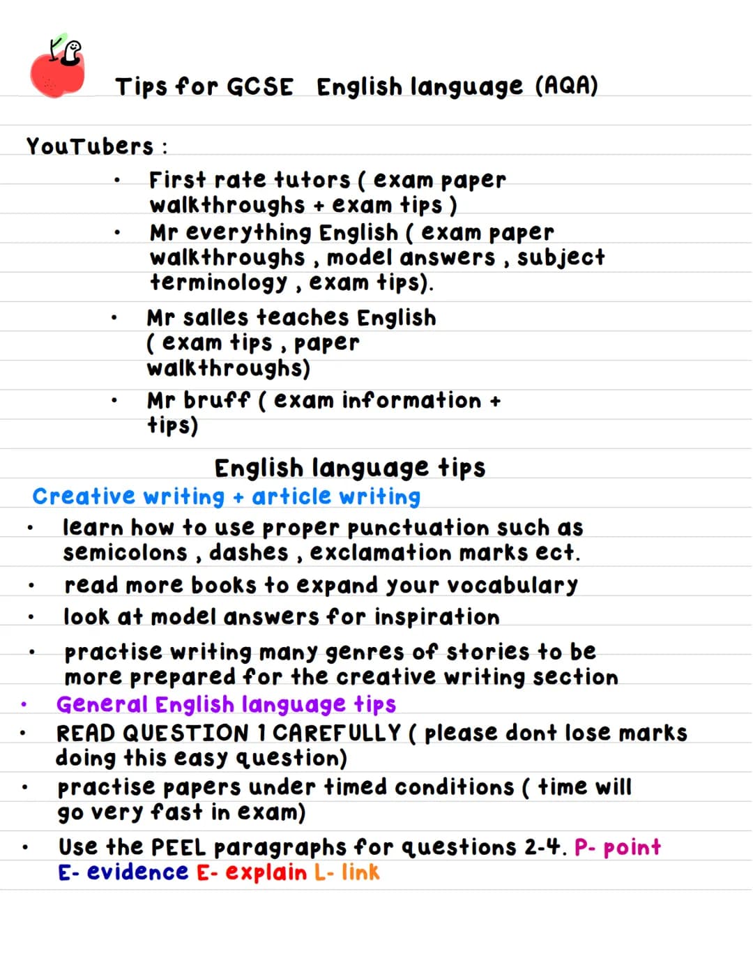 ●
YouTubers:
●
●
KR
●
Tips for GCSE English language (AQA)
●
●
English language tips
Creative writing + article writing
learn how to use pro