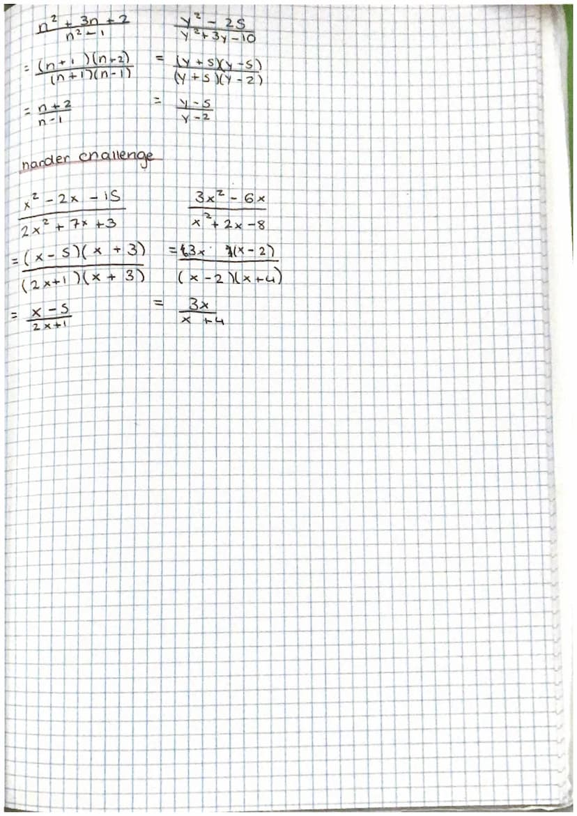 11
=
=
Practice
V²-6v+8
V-2
= (v-2)(v-4)
V-2
facronse numerator and or denomenator
• divide by the common factor (cancel)
Example: Sumplify 