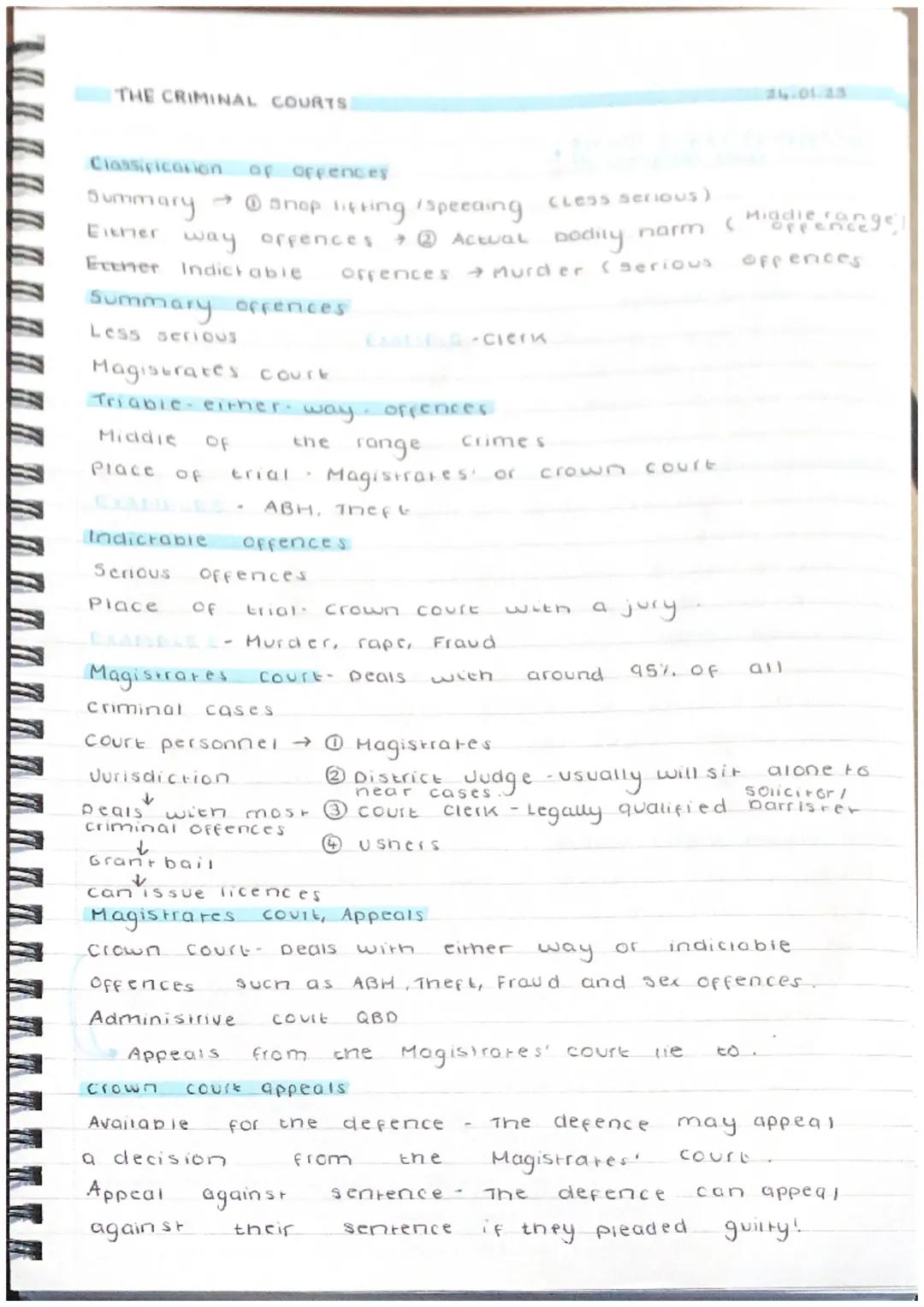 THE CRIMINAL COURTS
Classification of offences
Summary
Either
Ecener Indictable
→ @snop lifting ispeeding cless serious)
way offences → @ Ac