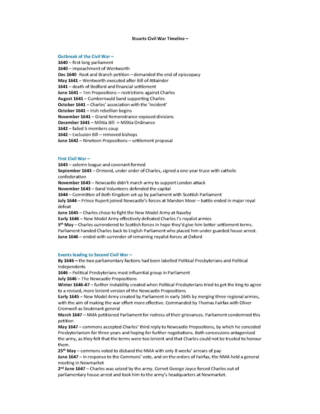 alevel stuart Britain - civil war timeline