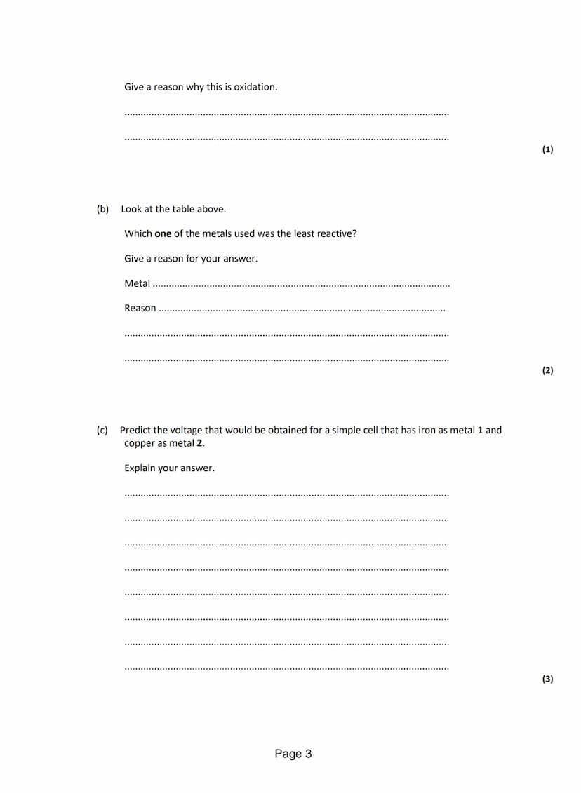 Q1.A student investigated simple cells using the apparatus shown in the figure below.
●
The student's results are shown in the table below.
