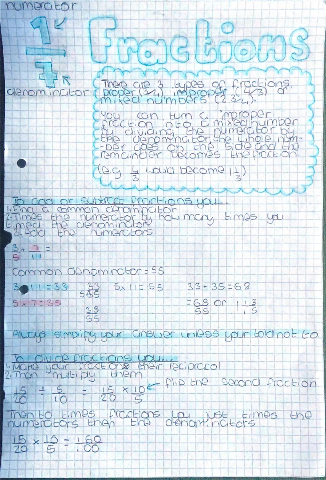 # numerator
$1 \over 7$
# denominator
# Fractions
There are 3 types of fractions.
proper ($\frac{3}{4}$), improper ($\frac{4}{3}$) or
mixed 
