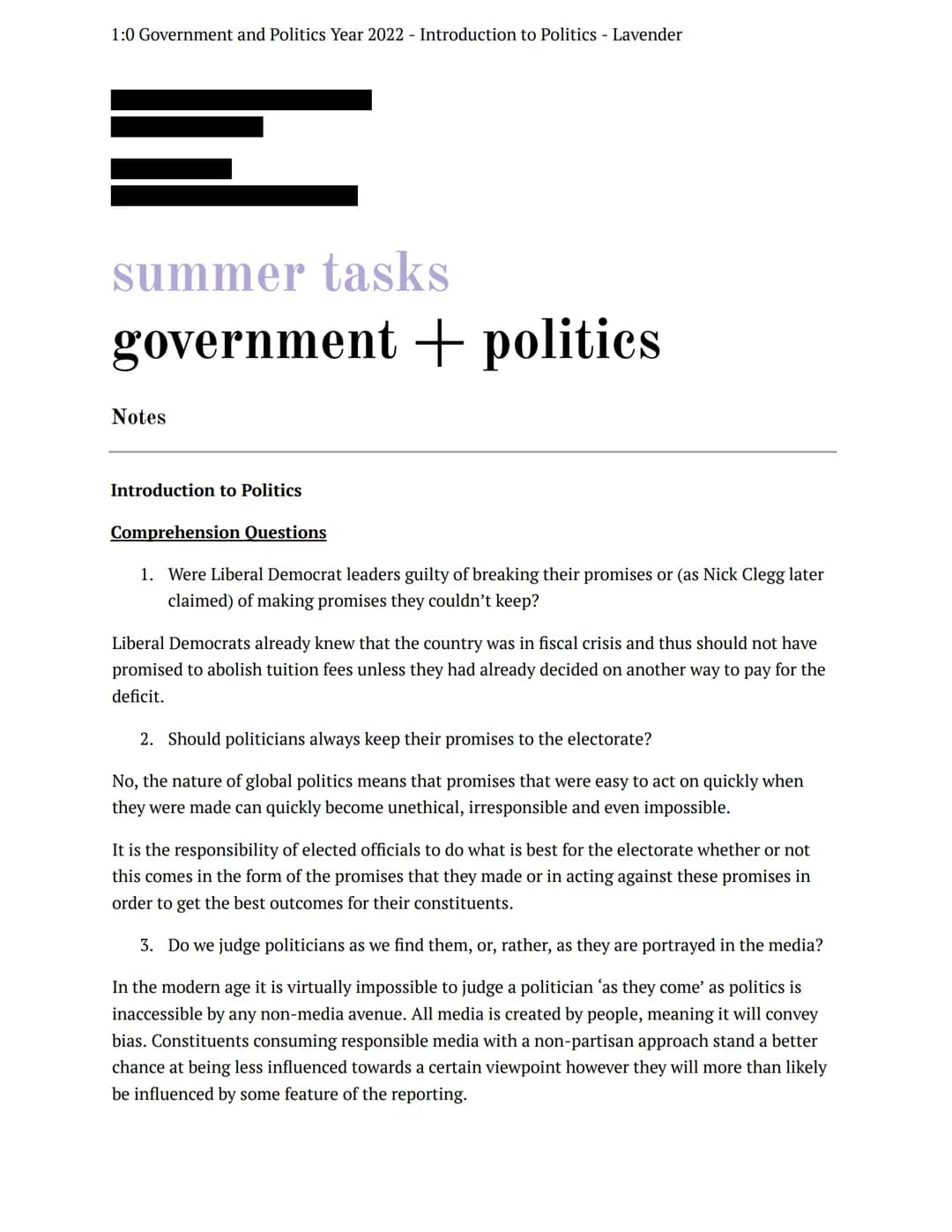 1:0 Government and Politics Year 2022 Introduction to Politics - Lavender
summer tasks
government + politics
Notes
Introduction to Politics
