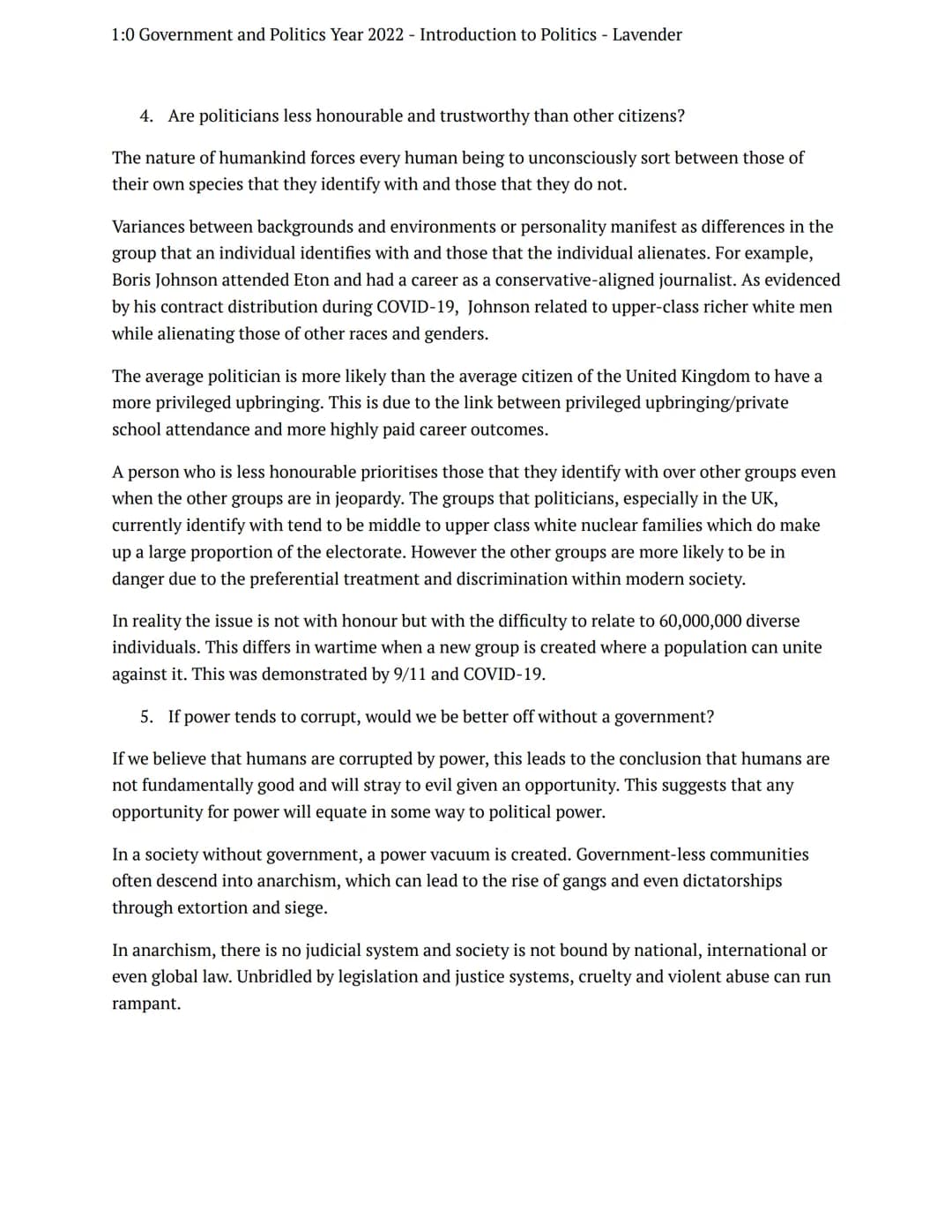 1:0 Government and Politics Year 2022 Introduction to Politics - Lavender
summer tasks
government + politics
Notes
Introduction to Politics
