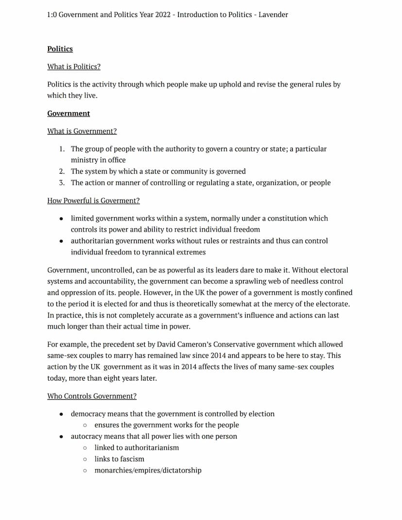 1:0 Government and Politics Year 2022 Introduction to Politics - Lavender
summer tasks
government + politics
Notes
Introduction to Politics
