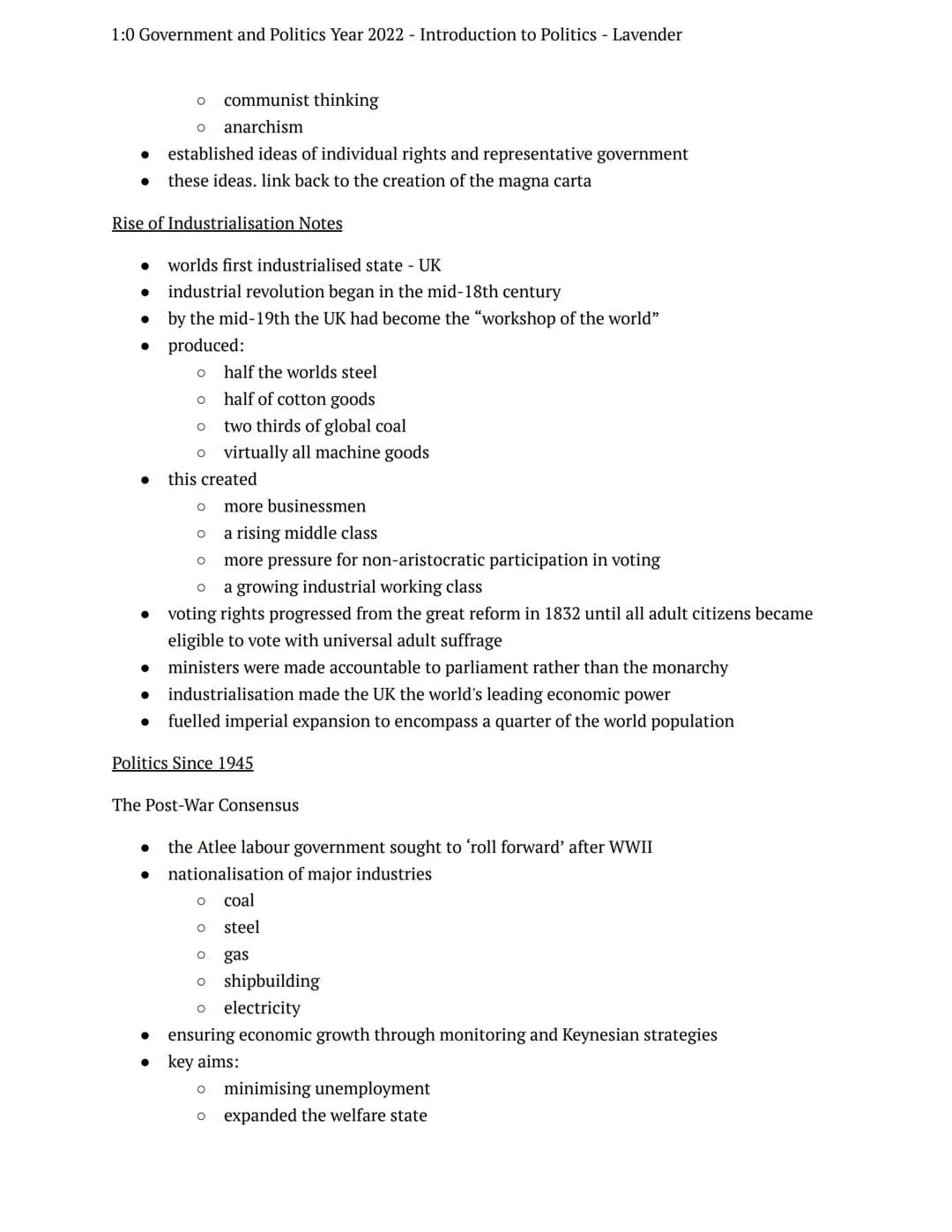 1:0 Government and Politics Year 2022 Introduction to Politics - Lavender
summer tasks
government + politics
Notes
Introduction to Politics
