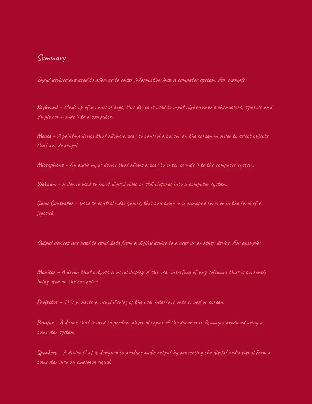 # Unit 1- Peripheral Devices & Media

Input and Output Devices

Peripheral devices - these are hardware devices that aren't required for the