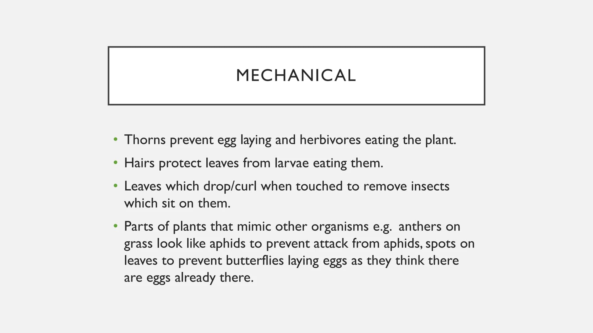 PLANT DEFENCES
Physical, chemical and mechanical defences ●
●
PHYSICAL
Cellulose cell walls block pathogens from cells.
• Pectins in cell wa