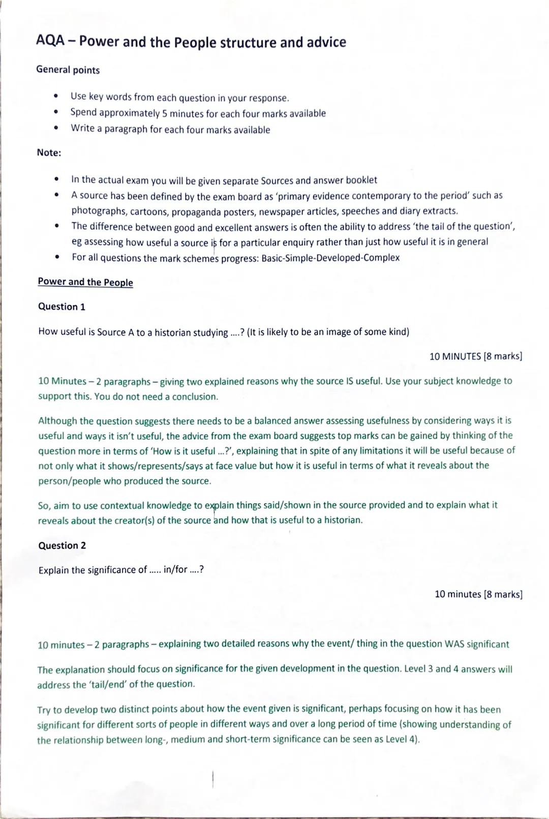 # AQA - Power and the People structure and advice

General points

- Use key words from each question in your response.
- Spend approximatel