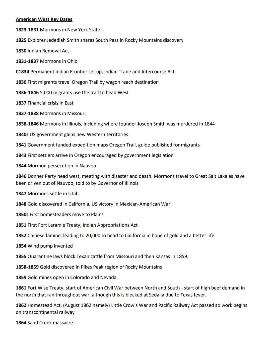 American West Key Dates
1823-1831 Mormons in New York State
1825 Explorer Jedediah Smith shares South Pass in Rocky Mountains discovery
1830