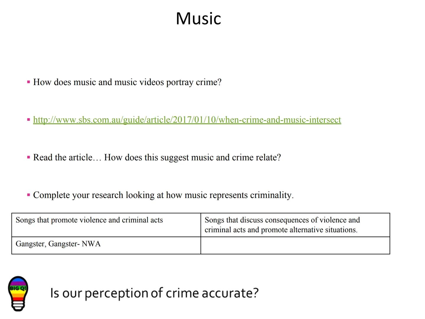 BIG QU
AC 1.4 Describe media
representation of crime (6
Is our perception of crime accurate?
ANNE EN TENE Success
Criteria. What
AC am I? Ho