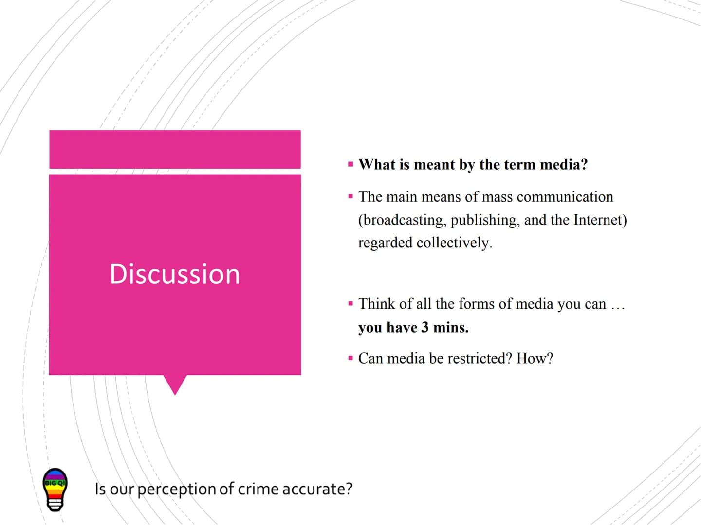 BIG QU
AC 1.4 Describe media
representation of crime (6
Is our perception of crime accurate?
ANNE EN TENE Success
Criteria. What
AC am I? Ho