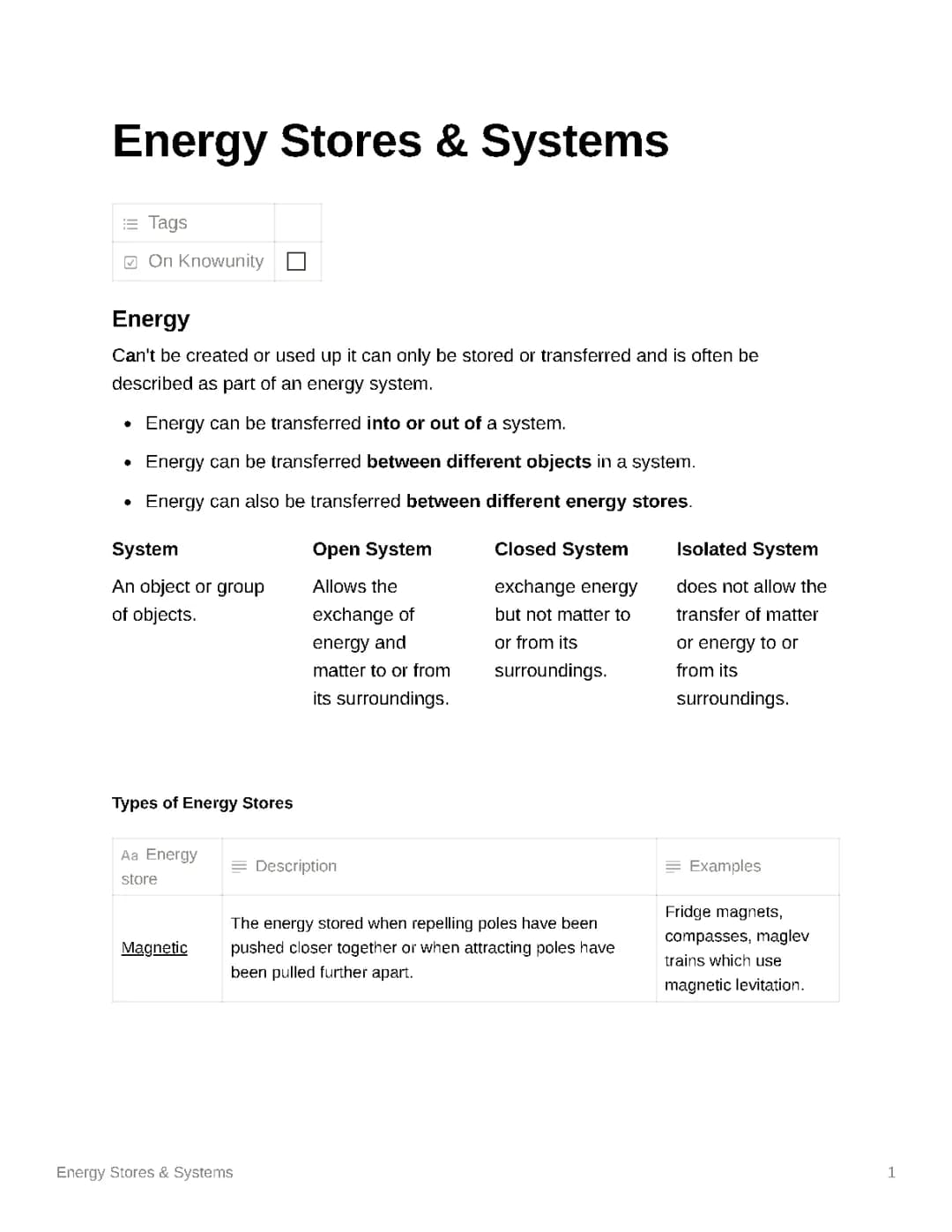 Physics - Energy Stores & Systems 