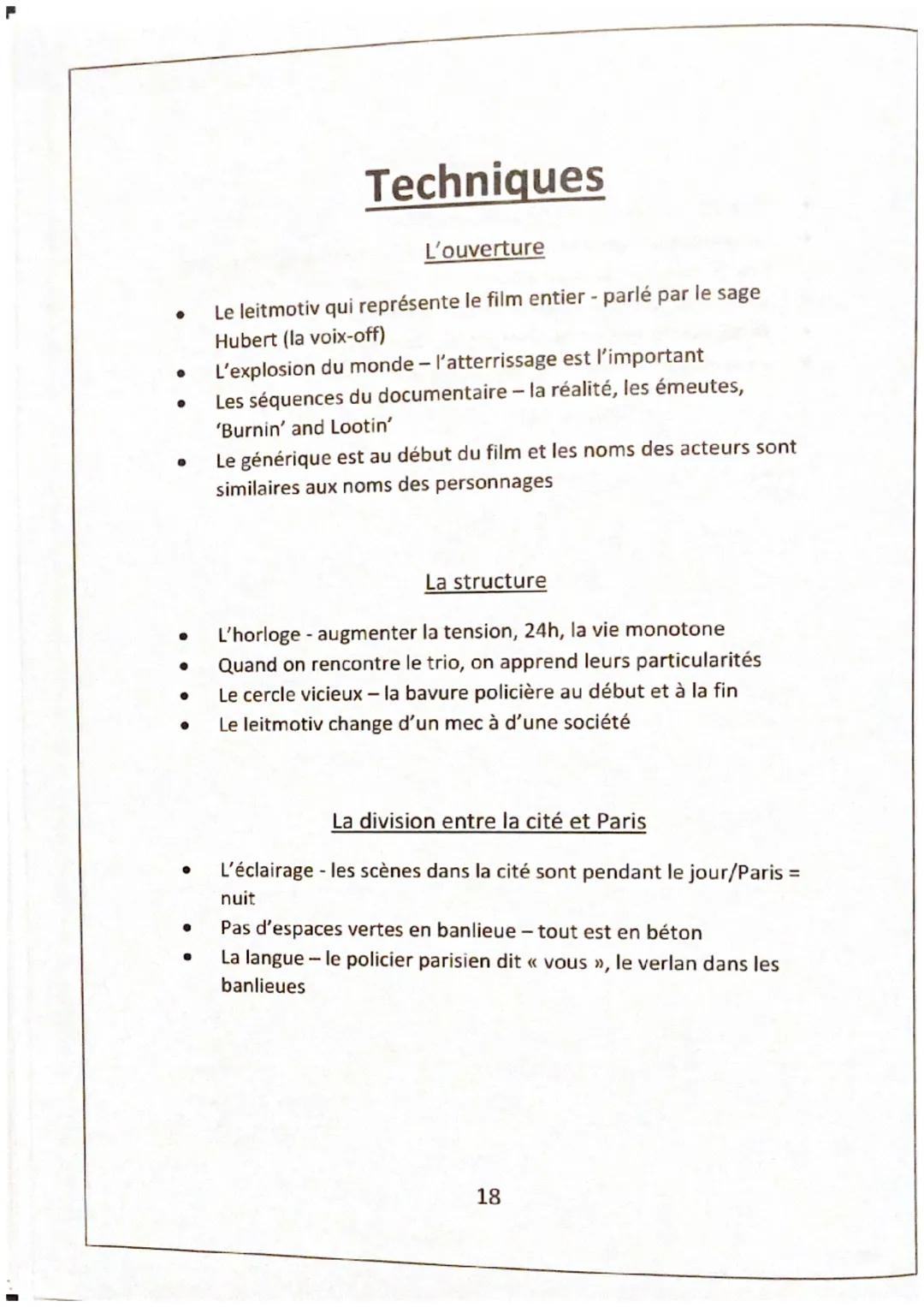 # Techniques

L'ouverture

- Le leitmotiv qui représente le film entier - parlé par le sage
Hubert (la voix-off)
- L'explosion du monde - l'