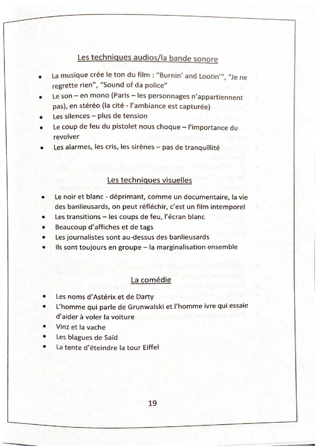 # Techniques

L'ouverture

- Le leitmotiv qui représente le film entier - parlé par le sage
Hubert (la voix-off)
- L'explosion du monde - l'