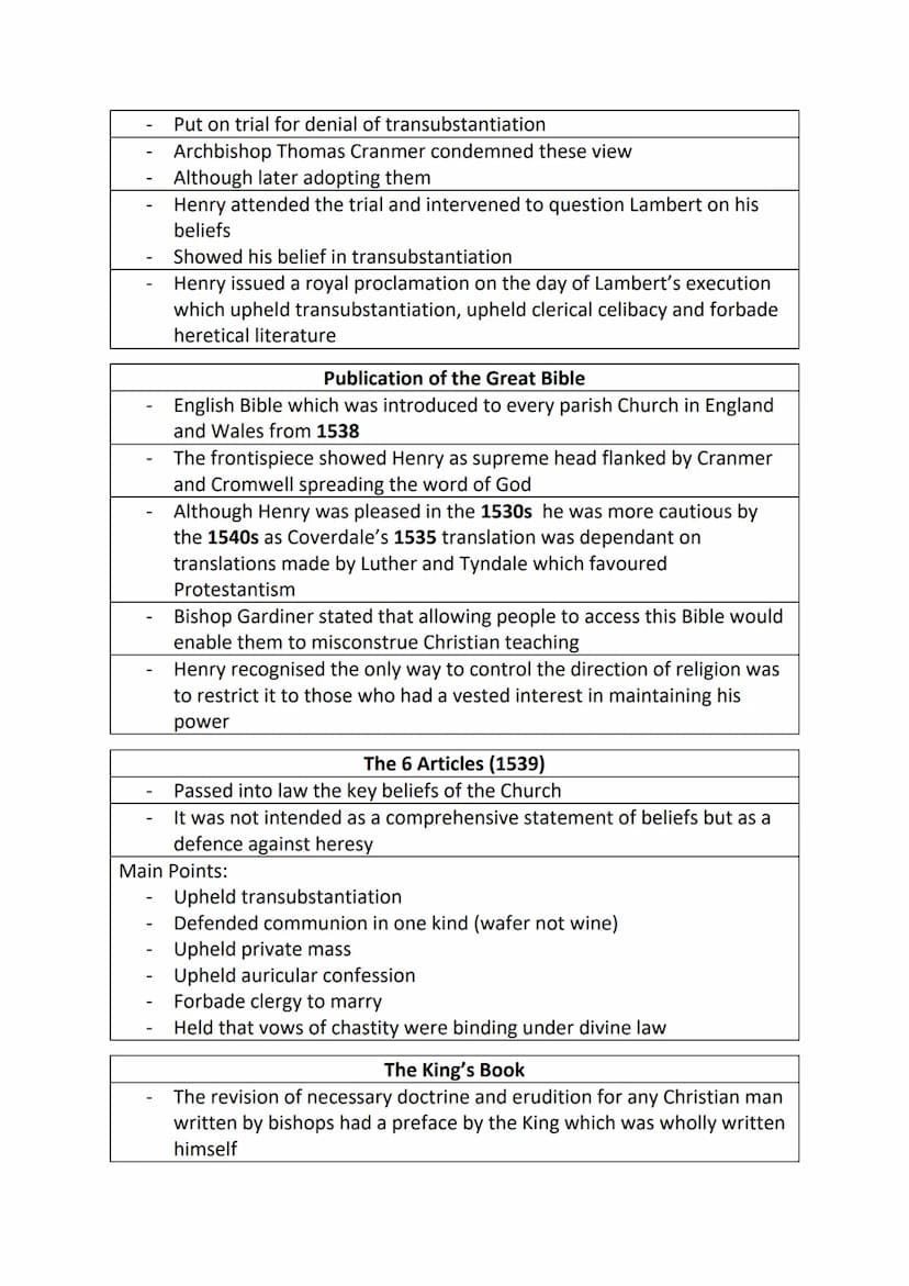By 1536...
Henry was the Supreme Head of the Church
Organisation of the Church remained unchanged e.g.
transubstantiation was still central 