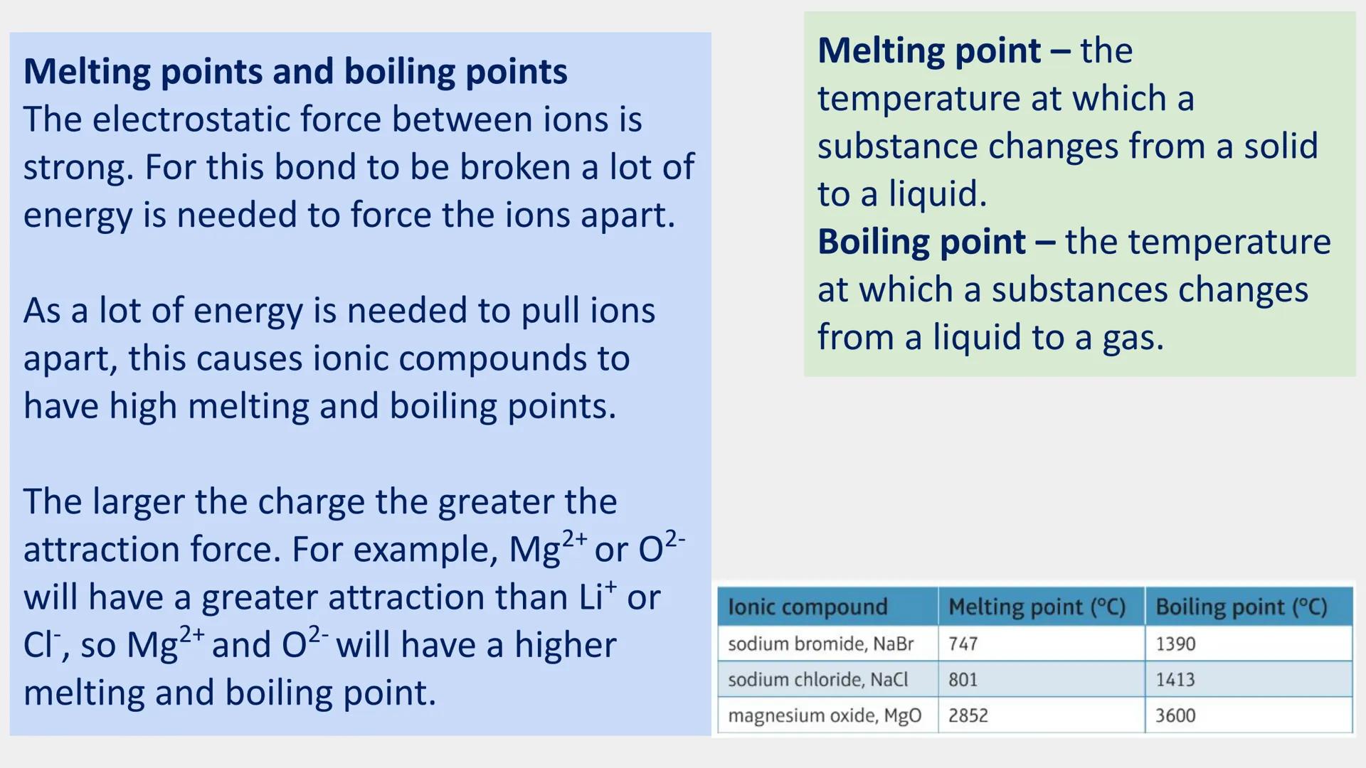 All ionic compounds contain charged particles called
ions. Ions can be positive or negatively charged.
Oppositely charged ions form ionic co