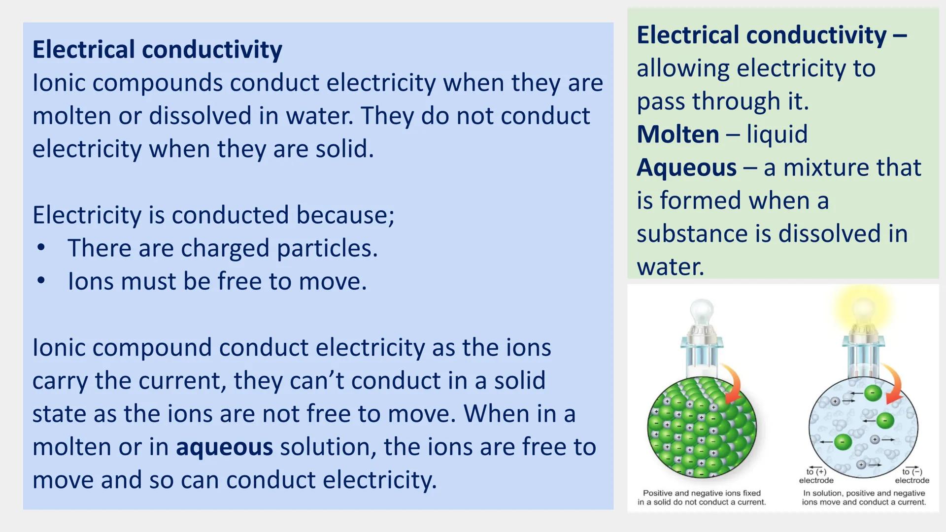 All ionic compounds contain charged particles called
ions. Ions can be positive or negatively charged.
Oppositely charged ions form ionic co