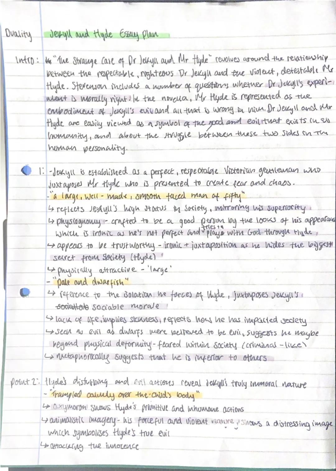 Duality Jekyll and Hyde Essay Plan
Intro: "The Strange Case of Dr Jekyll and Mr Hyde revolves around the relationship
between the respectabl