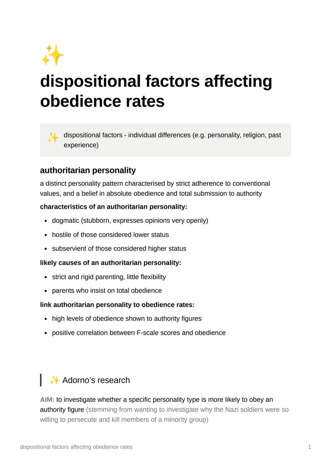#
dispositional factors affecting
obedience rates
authoritarian personality
a distinct personality pattern characterised by strict adherence
