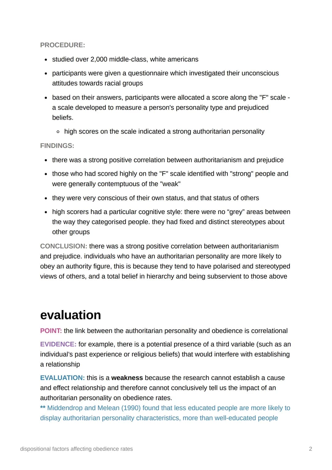 #
dispositional factors affecting
obedience rates
authoritarian personality
a distinct personality pattern characterised by strict adherence