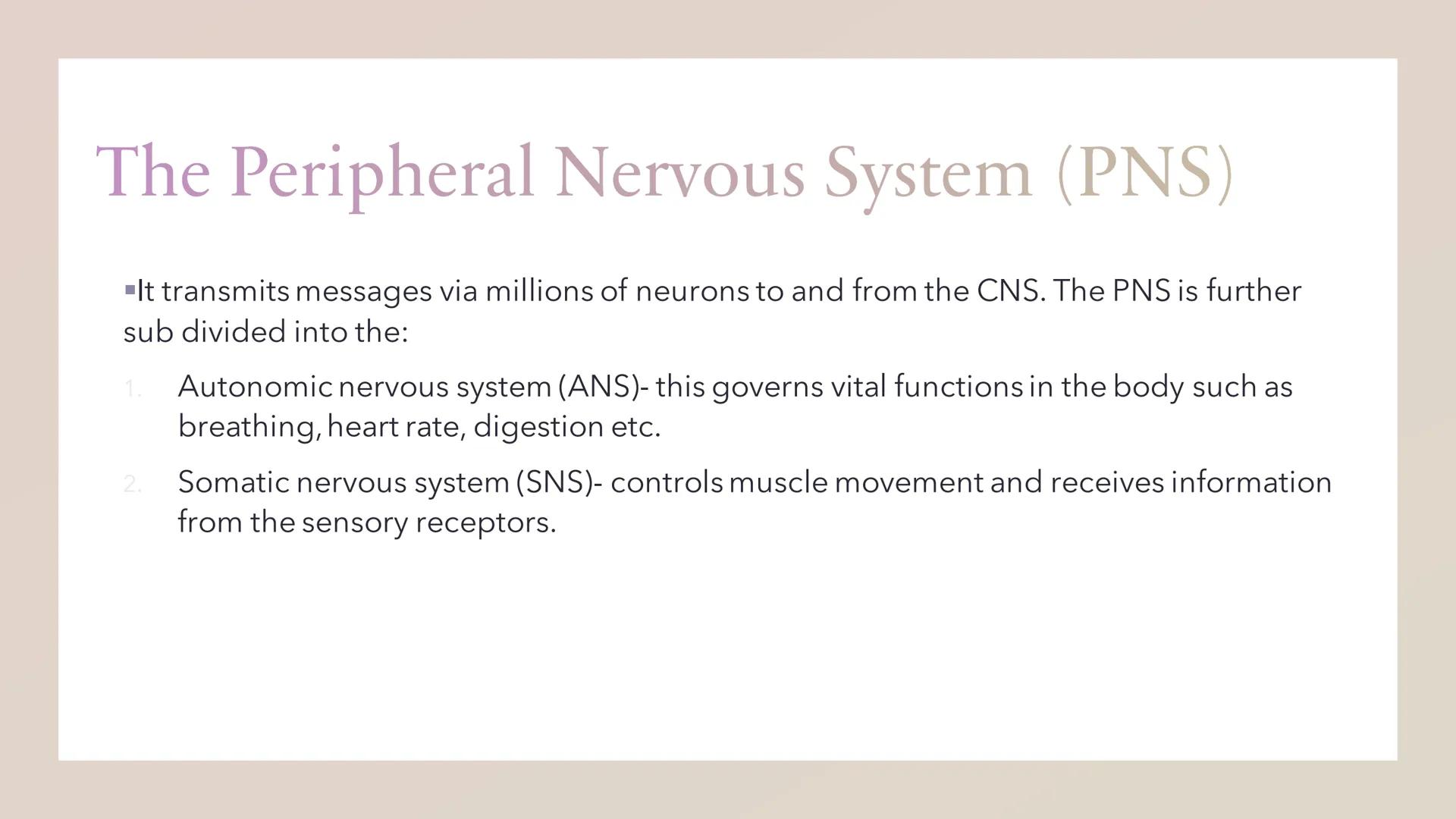Biopsychology: divisions of
the nervous system The specification says:
The divisions of the nervous system: central and peripheral (somatic 