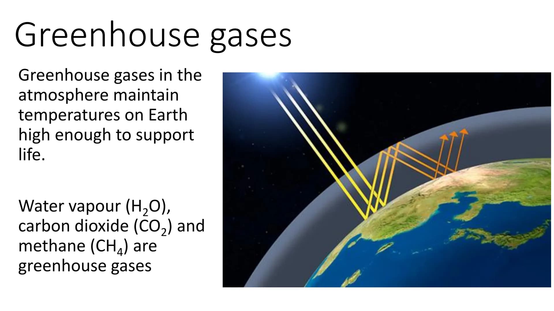 Greenhouse gases
Greenhouse gases in the
atmosphere maintain
temperatures on Earth
high enough to support
life.
Water vapour (H₂O),
carbon d