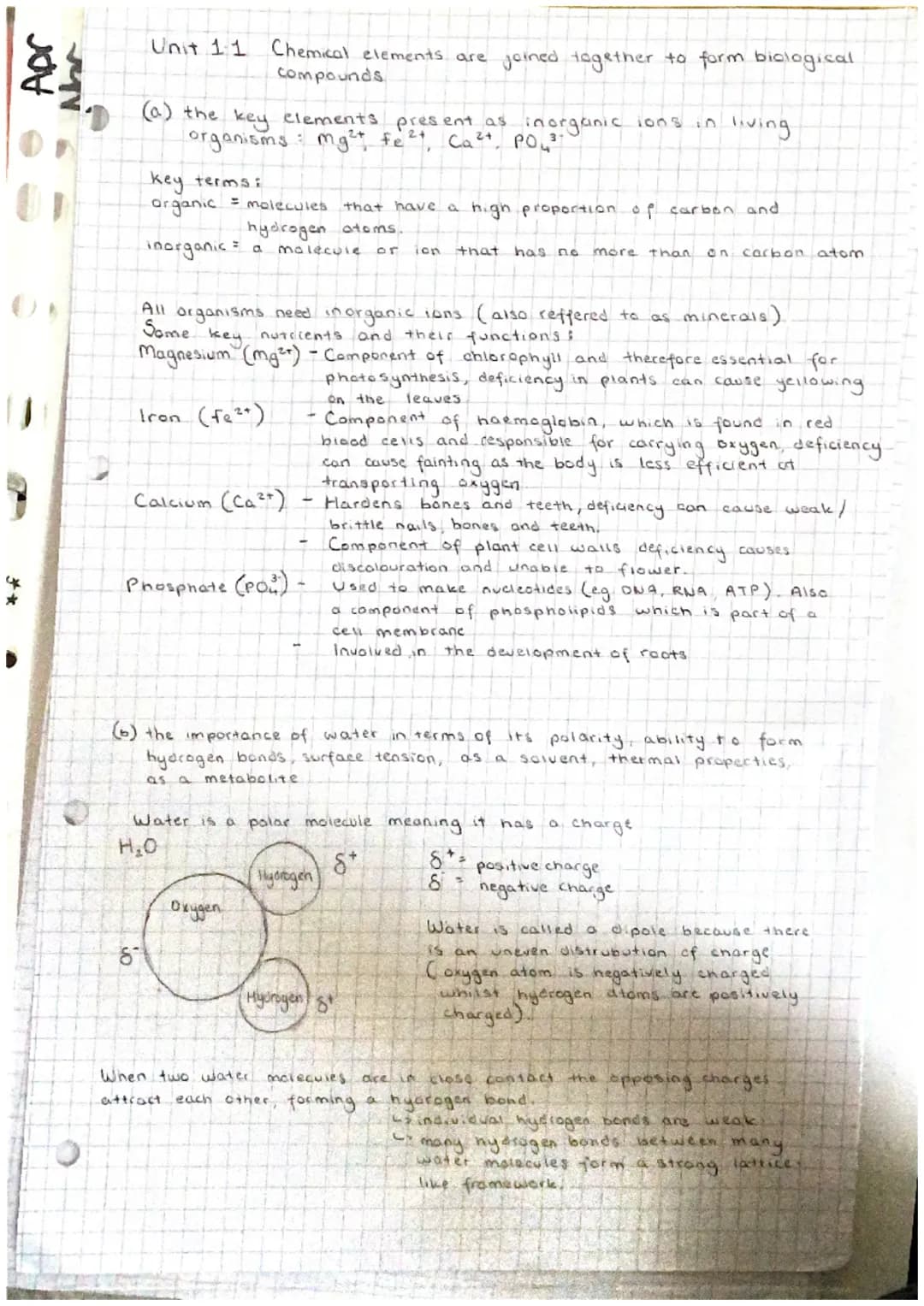 J
9
Abr
Unit 11 Chemical elements are joined together to form biological
compounds
(a) the key elements present as inorganic ions in living
