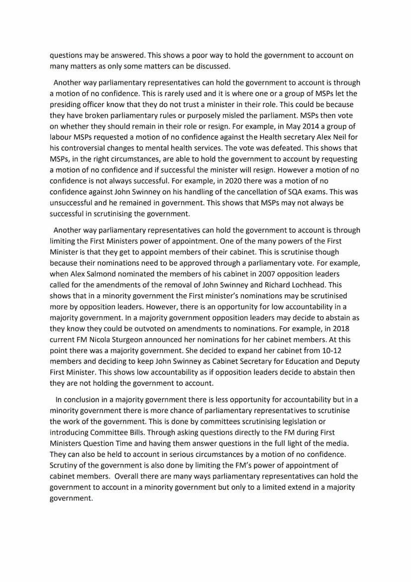 Timed Essay
Modern Studies
There are many ways for parliamentary representatives to hold the government to account
but there is also opportu