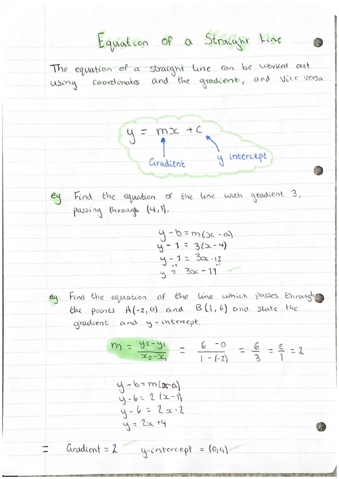 Equation of a Straight line
straight line
and the
The equation of a
Coordinates
using
eg.
y
eg. Find the equation of the line
passing throug