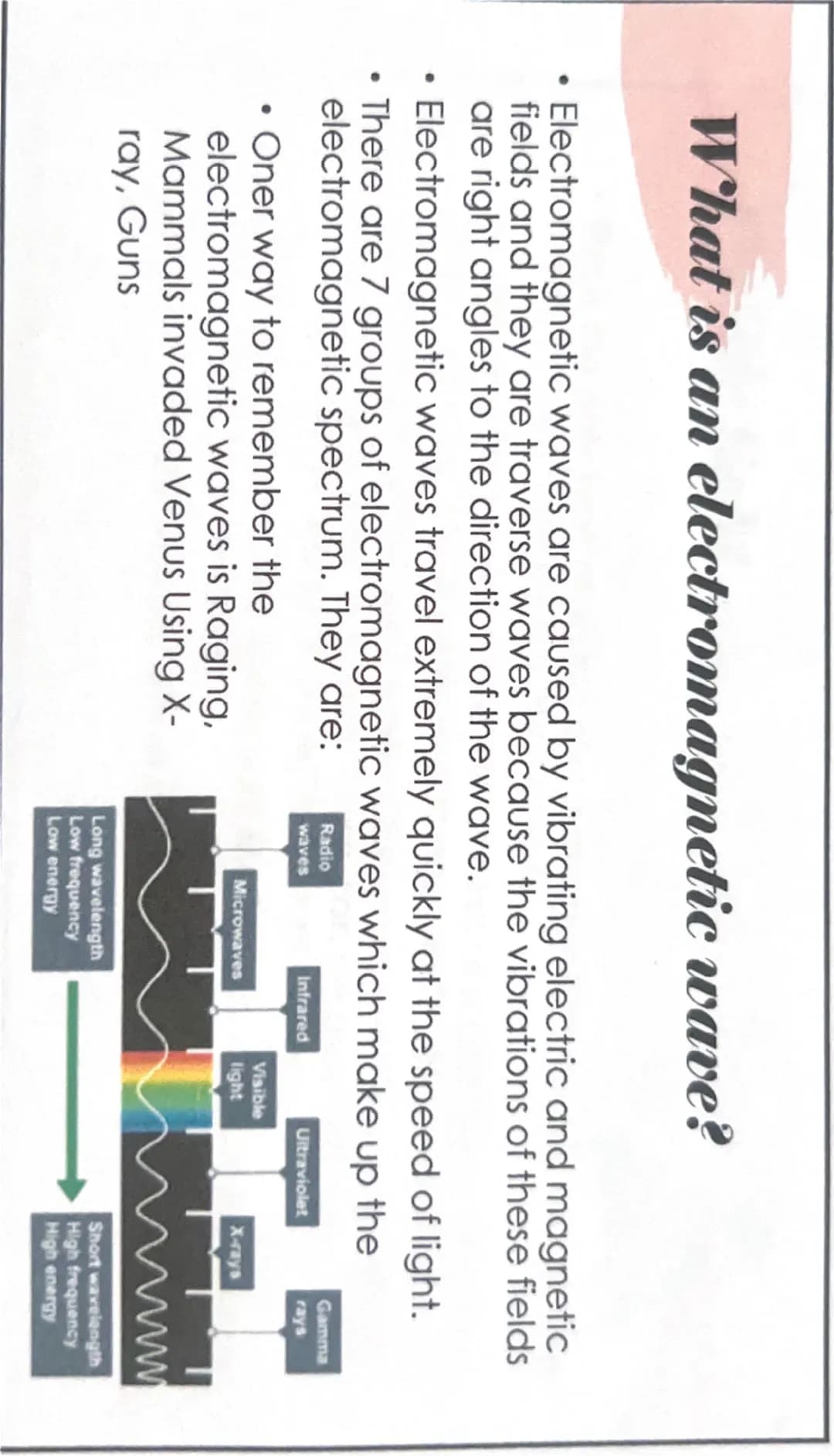 What is an electromagnetic wave?
• Electromagnetic waves are caused by vibrating electric and magnetic
fields and they are traverse waves be