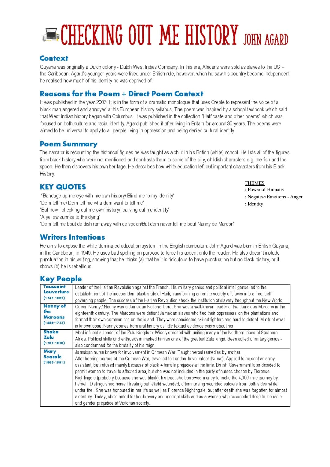 Checking Out Me History Context and Summary - Power and Conflict Poetry
