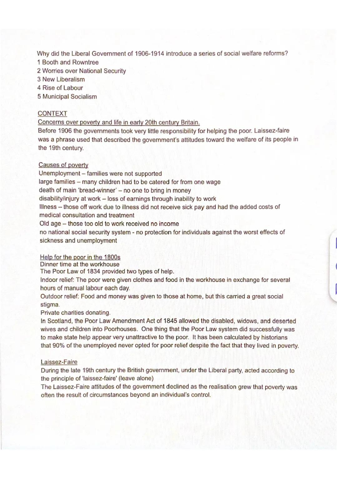 Higher History: Why the Liberals passed social welfare reforms - NOTES