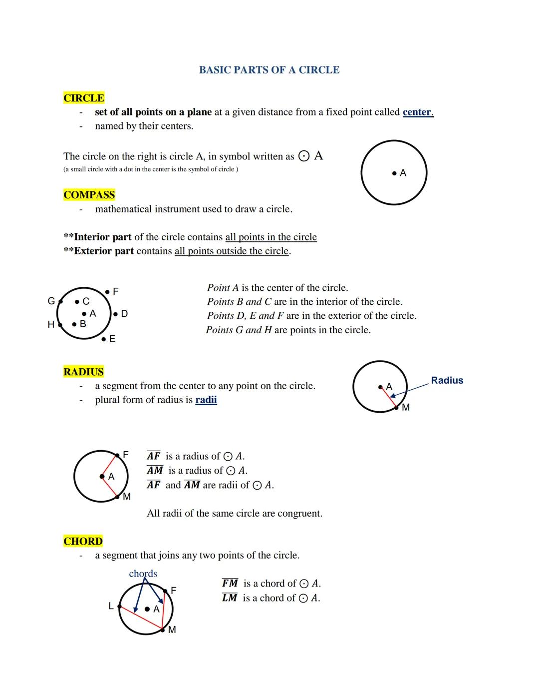 # BASIC PARTS OF A CIRCLE

CIRCLE
- set of all points on a plane at a given distance from a fixed point called center.
- named by their cent