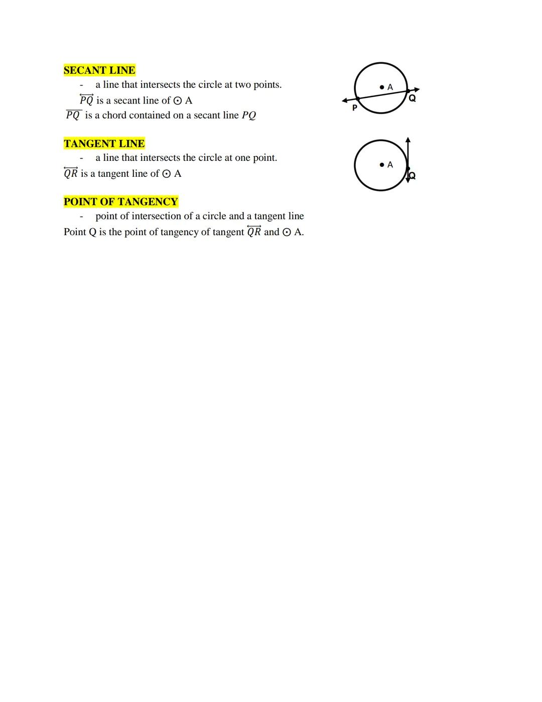 # BASIC PARTS OF A CIRCLE

CIRCLE
- set of all points on a plane at a given distance from a fixed point called center.
- named by their cent