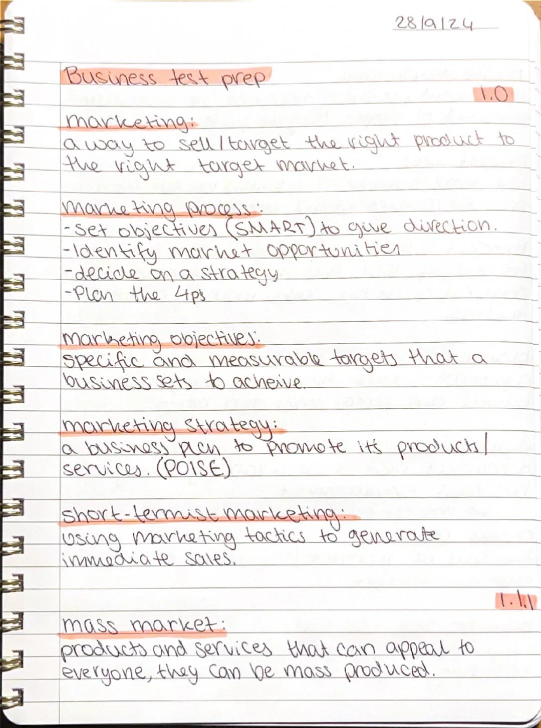 28/9124
Business test prep.
marketing:
1.0
a way to sell/target the right product to
the right target market.
marketing process:
-Set object