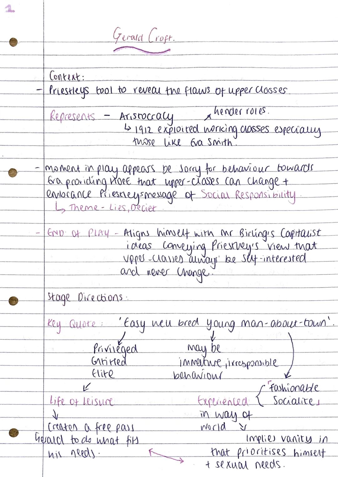 1
Gerald Croft.
Context:
- Priestleys tool to reveal the flows of upper classes.
Represents - Aristocracy hender roles.

↳ 1912 exploited wo