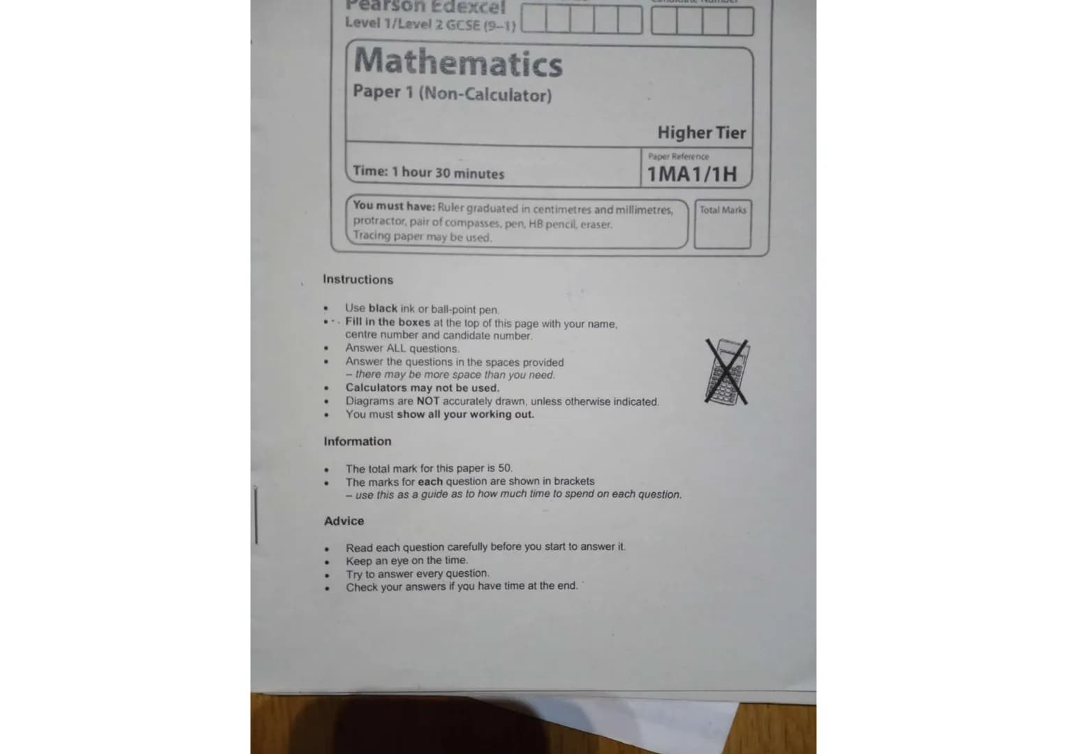 .
Pearson Edexcel
Level 1/Level 2 GCSE (9-1)
Mathematics
Paper 1 (Non-Calculator)
Instructions
.
Time: 1 hour 30 minutes
Use black ink or ba