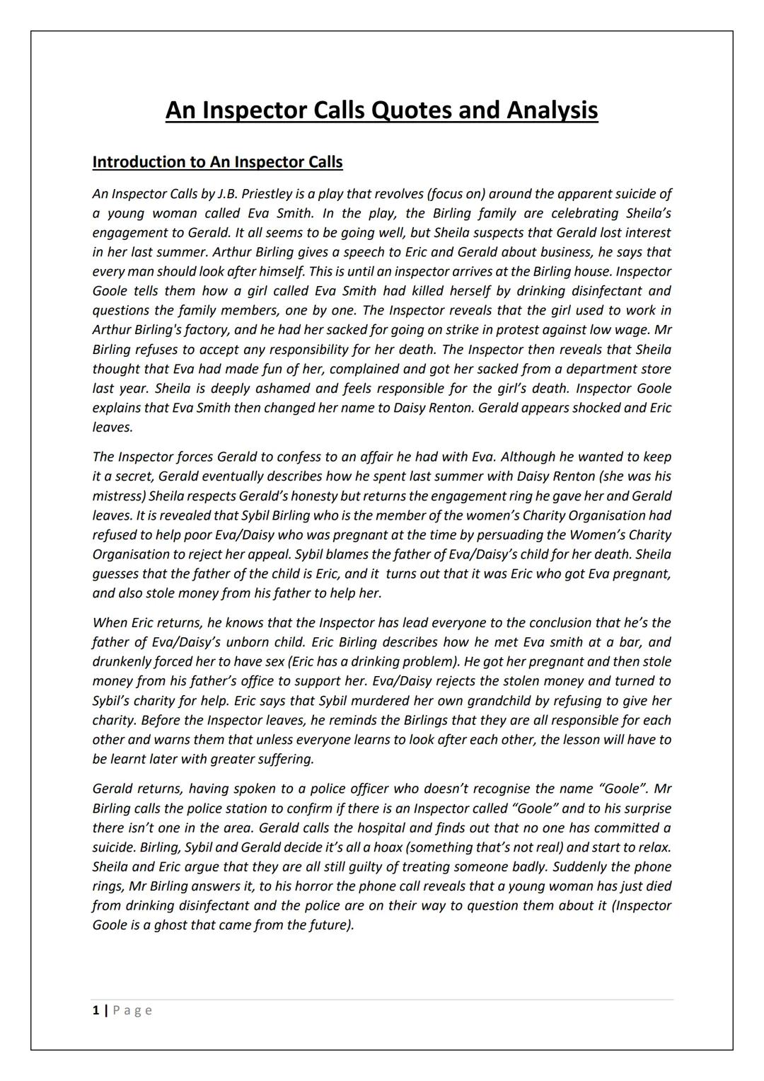 # An Inspector Calls Quotes and Analysis

## Introduction to An Inspector Calls

An Inspector Calls by J.B. Priestley is a play that revolve