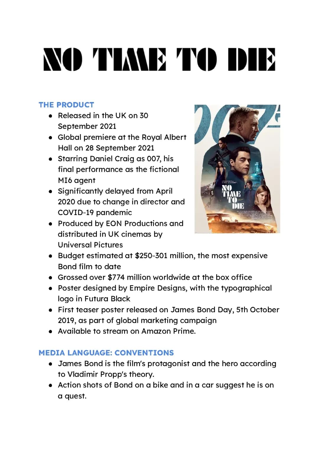 No Time to Die GCSE Media Studies Notes and Poster Analysis