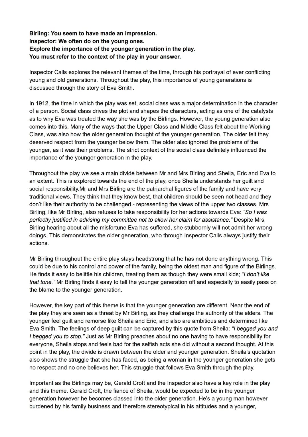 An inspector calls: younger generation exemplar essay