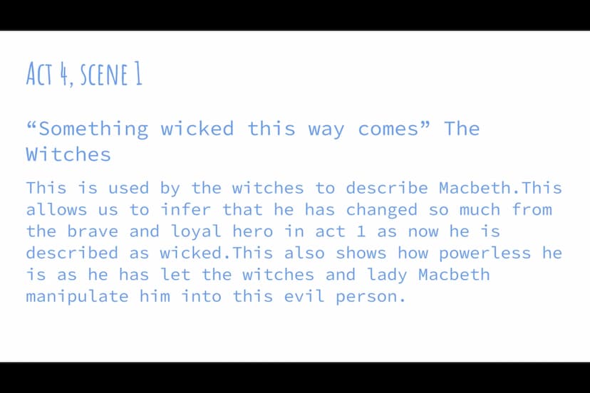 MACBETH QUOTES
-Jen ACT 1. SCENE 1
"Fair is foul and fouls is fair"
witches
-
The
Shows the witches malicious (nasty/cruel)
intent. This quo