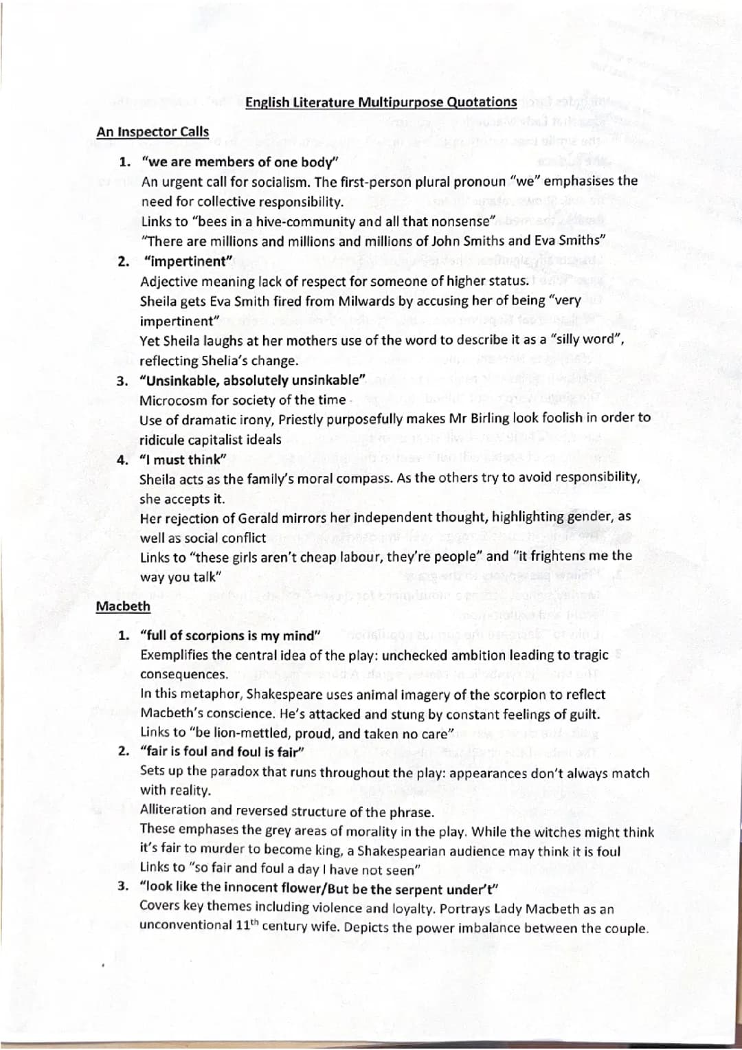 English Literature Multi Purpose Quotes - An Inspector Calls, Macbeth and A Christmas Carol 