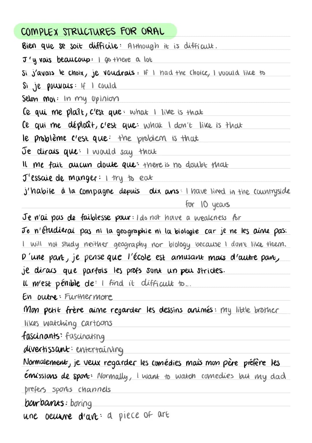 COMPLEX STRUCTURES FOR ORAL
Bien que se soit difficile: Although it is difficult.
J'y vais beaucoup: I go there a lot
Si j'avais le choix, j