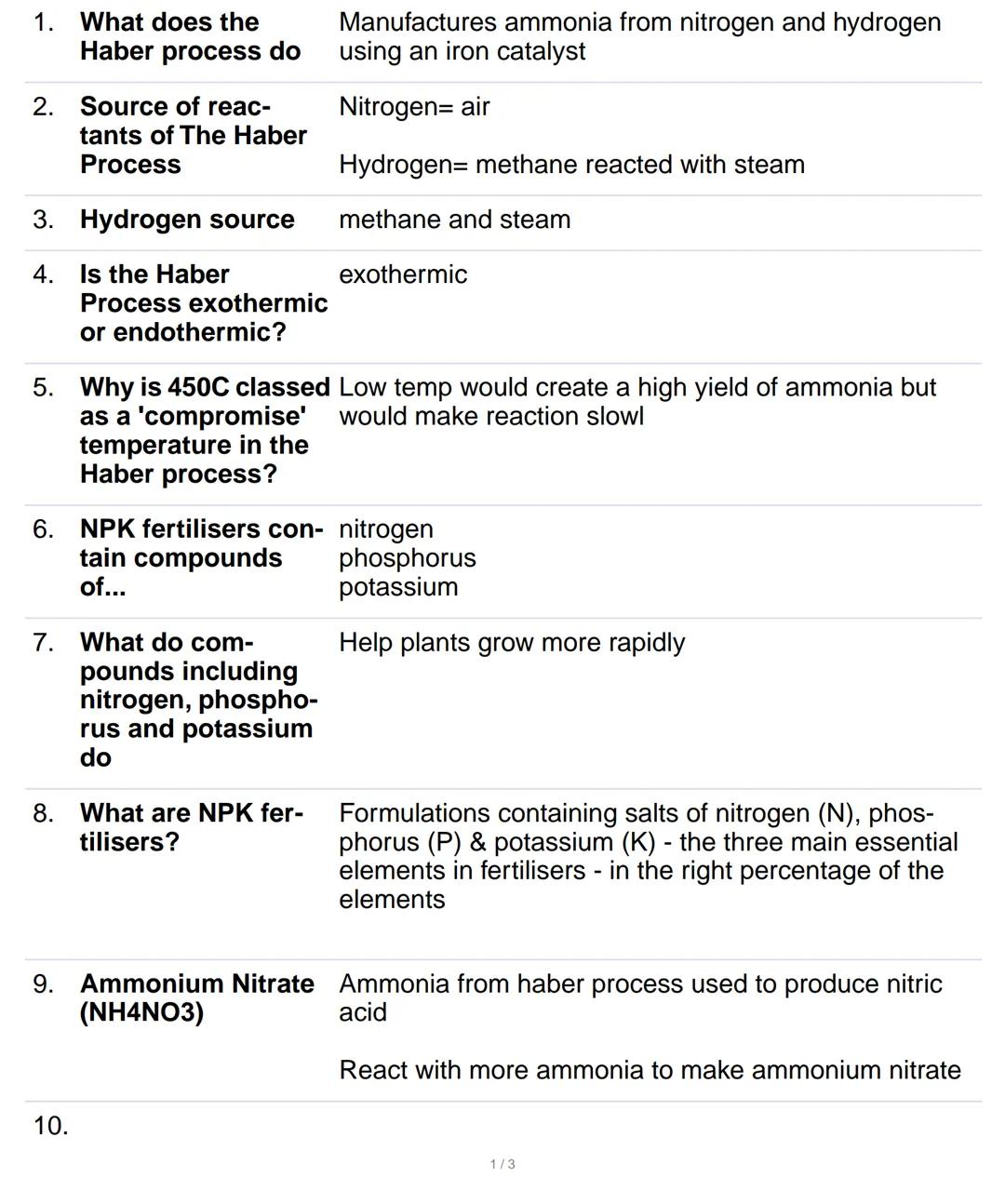 1. What does the
Haber process do
2. Source of reac-
3.
4.
tants of The Haber
Process
Hydrogen source
Is the Haber
Process exothermic
or end